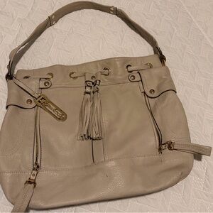 B Markowski Cream Leather Shoulder Bag with Tassel Accent